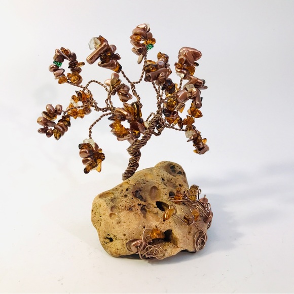 Wire Sculpture Bonsai Tree Amber Stone Chip Iridescent Bronze Beads 5.5" Artisan - Picture 4 of 12